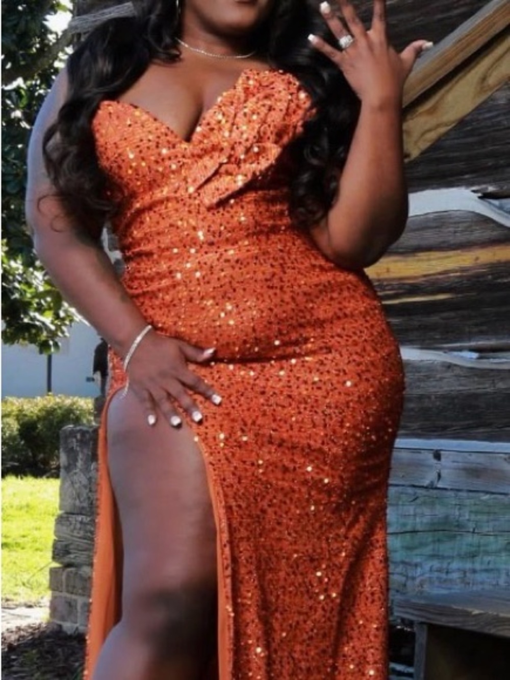 Orange Sequin Strapless Slit Evening Dress